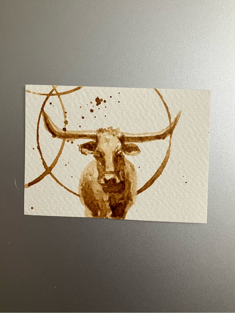 ORIGINAL coffee bull Texas longhorn painting cow art western artwork aceo USA